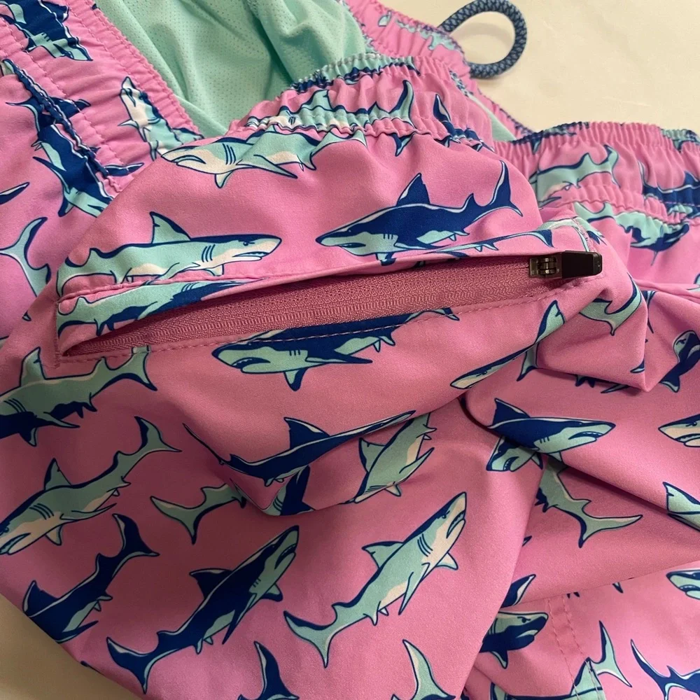 Men's resort swim trunk four-way stretch quick dry shark print zip pocket size L